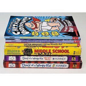 Lot 6 Captain Underpants & Diary of a Wimpy Kid BOOKS Dav Pilkey Jeff Kinney EUC